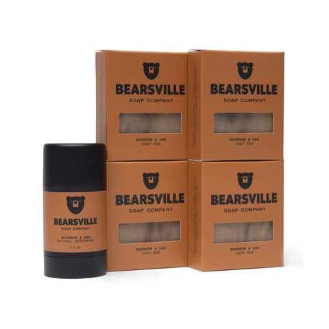 Bourbon and Oak Deodorant Scent Bundle with natural bar soap and deodorant by Bearsville Soap Company