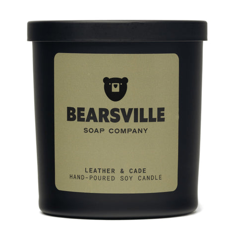 Leather and Cade wood wick soy candle by Bearsville Soap Company