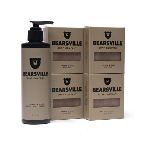 Leather and Cade Moisturizer Scent Bundle with natural bar soap and daily moisturizer by Bearsville Soap Company