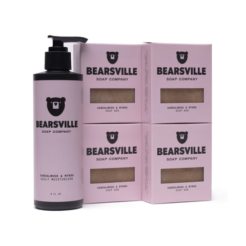 Sandalwood and Myrrh Moisturizer Scent Bundle with natural bar soap and daily moisturizer by Bearsville Soap Company