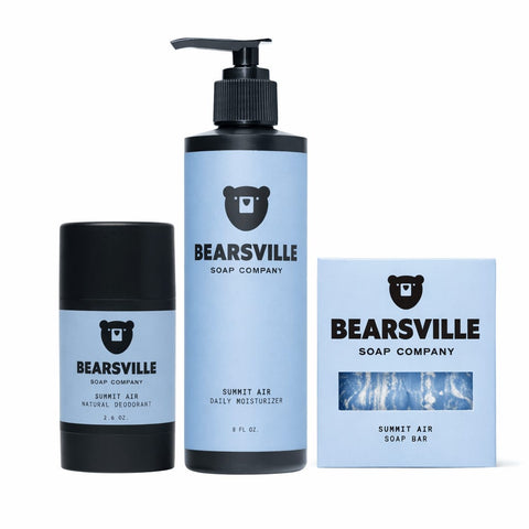 Summit Air Daily Routine Bundle deodorant, moisturizer and natural soap.