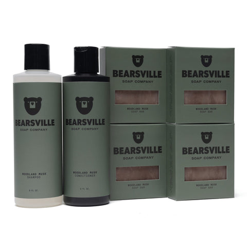 Woodland Musk Hair Care Scent Bundle with shampoo, conditioner, and natural bar soap by Bearsville Soap Company