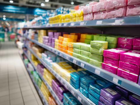commercial soaps in a shopping aisle