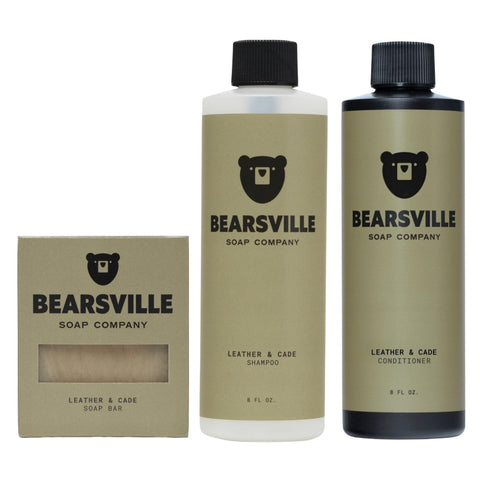 Leather and Cade shower routine for men by Bearsville Soap Company