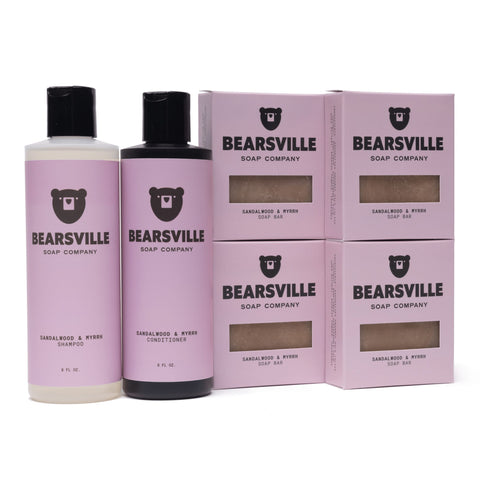 Sandalwood and Myrrh Hair Care Scent Bundle with shampoo, conditioner, and natural bar soap by Bearsville Soap Company