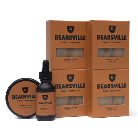 Bourbon and Oak Beard Care Scent Bundle with natural bar soap, beard oil, and balm by Bearsville Soap Company