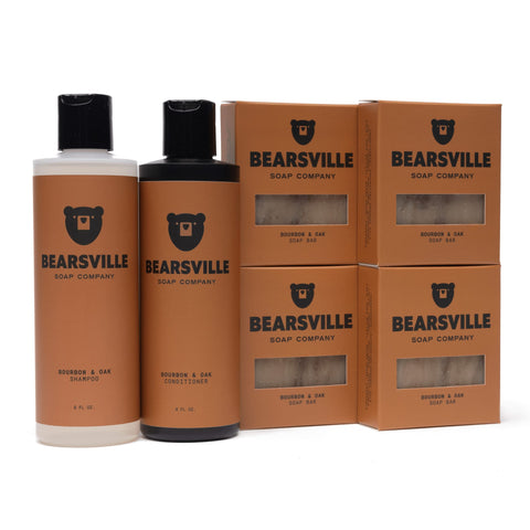 Bourbon and Oak Hair Care Scent Bundle with shampoo, conditioner, and natural bar soap by Bearsville Soap Company