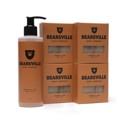 Bourbon and Oak Liquid Hand Soap Scent Bundle with organic hand soap and natural bar soap by Bearsville Soap Company