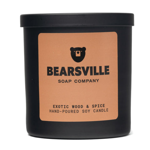 Exotic Wood and Spice soy candle with wood wick by Bearsville Soap Company