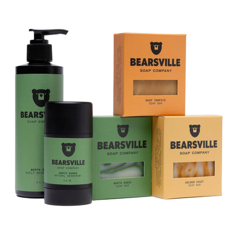 Far Reaches Routine with natural soap, aluminum free deodorant, and moisturizer for men by Bearsville Soap Company