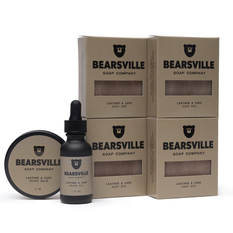 Leather and Cade Beard Care Scent Bundle with natural bar soap, beard oil, and balm by Bearsville Soap Company
