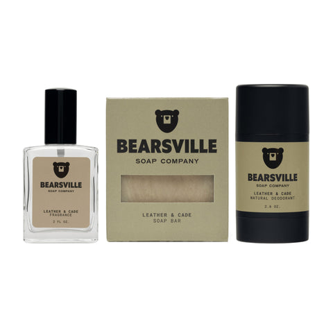 Leather and Cade Fragrance Routine with natural bar soap, deodorant, and cologne by Bearsville Soap Company