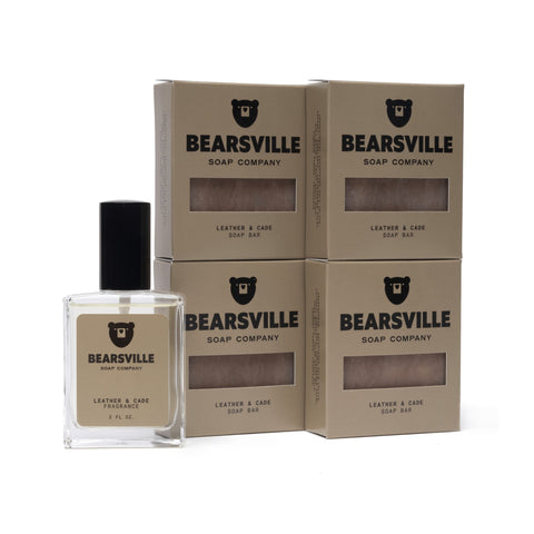 Leather and Cade Fragrance Scent Bundle with men's cologne and natural bar soap by Bearsville Soap Company