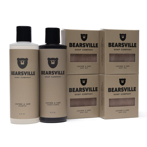 Leather and Cade Hair Care Scent Bundle with shampoo, conditioner, and natural bar soap by Bearsville Soap Company