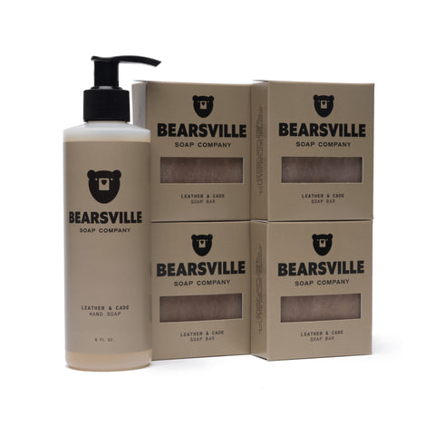 Leather and Cade Liquid Hand Soap Scent Bundle with organic hand soap and natural bar soap by Bearsville Soap Company