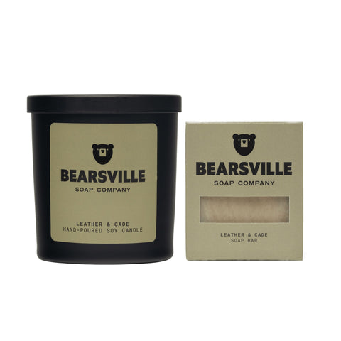 Leather and Cade soy candle and natural soap bar set by Bearsville Soap Company
