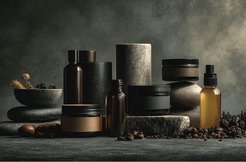 Collection of dark-colored skincare products on a textured surface with a neutral background