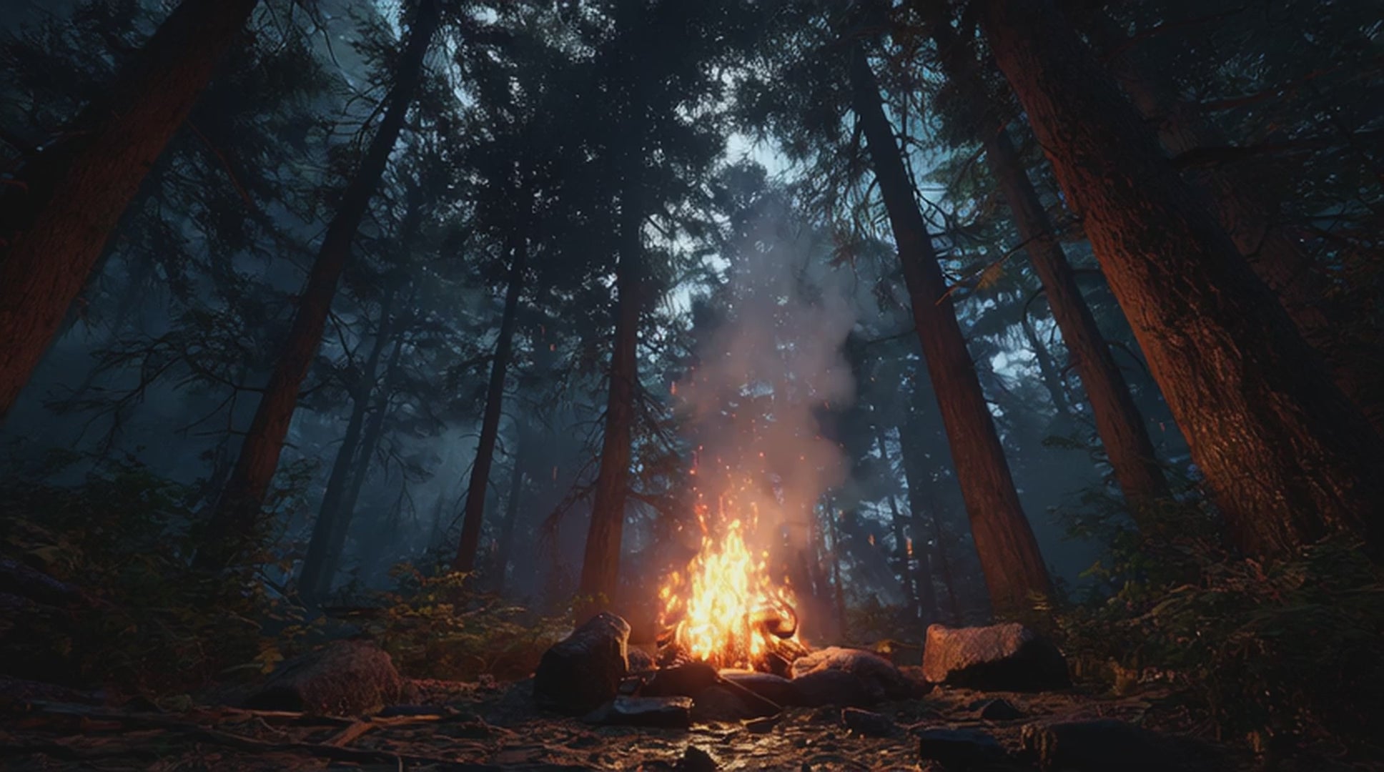 Forest campfire burning at night