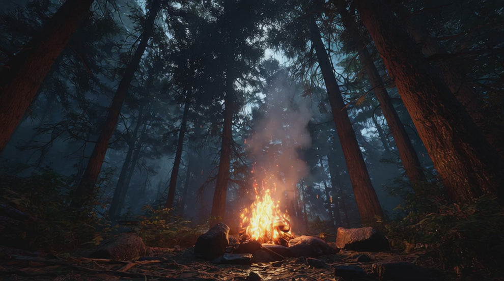 Forest campfire burning at night