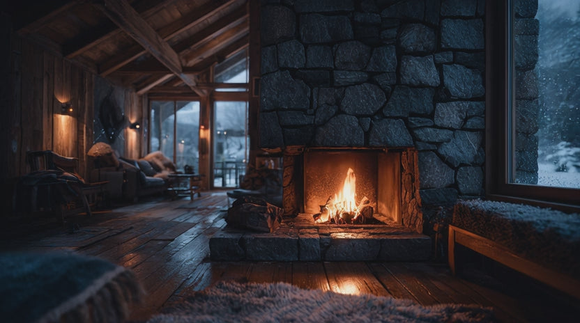 burning fireplace in a modern chalet