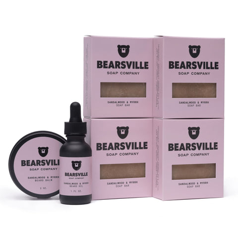 Sandalwood and Myrrh Beard Care Scent Bundle with natural bar soap, beard oil, and balm by Bearsville Soap Company