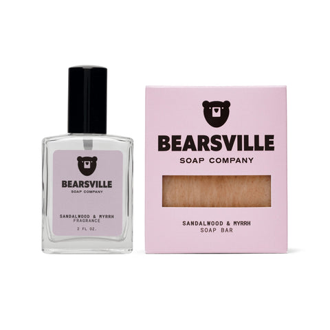 Sandalwood and Myrrh cologne and natural soap bar bundle for men by Bearsville Soap Company