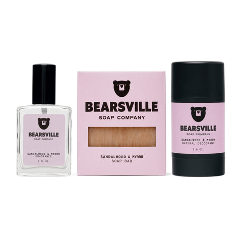 Sandalwood and Myrrh Fragrance Routine with natural bar soap, deodorant, and cologne by Bearsville Soap Company
