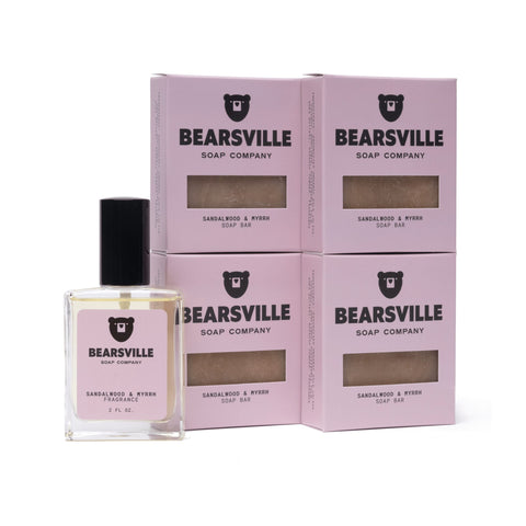 Sandalwood and Myrrh Fragrance Scent Bundle with men's cologne and natural bar soap by Bearsville Soap Company