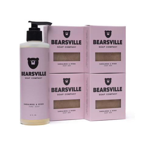 Sandalwood and Myrrh Liquid Hand Soap Scent Bundle with organic hand soap and natural bar soap by Bearsville Soap Company