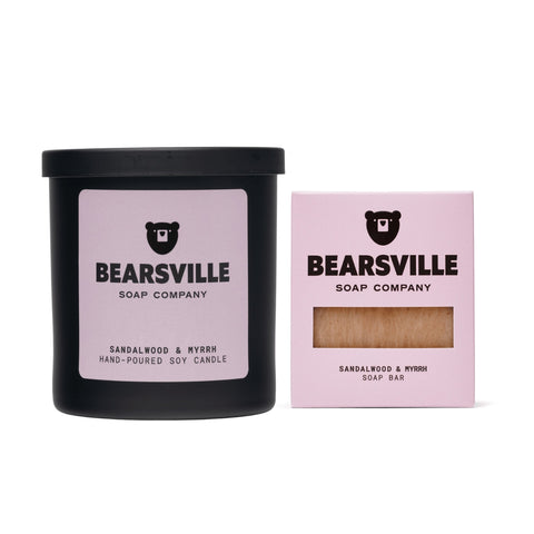 Sandalwood and Myrrh soy candle and natural soap bar set by Bearsville Soap Company