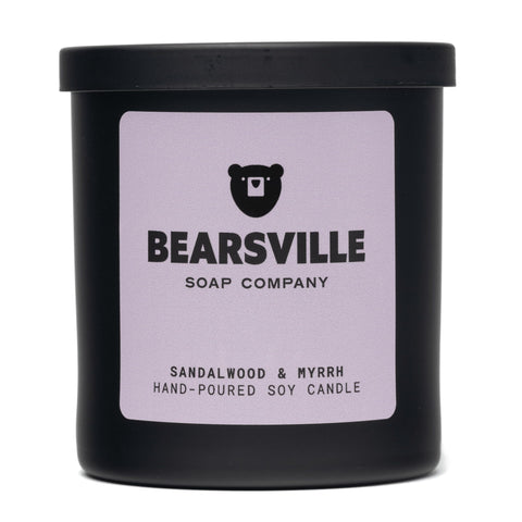Sandalwood and Myrrh wood wick soy candle by Bearsville Soap Company