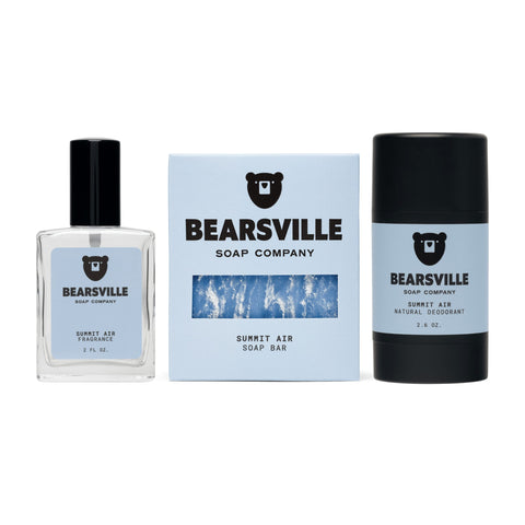 Summit Air Fragrance Routine with natural bar soap, deodorant, and cologne by Bearsville Soap Company