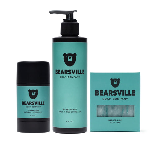 Barbershop Daily Routine Bundle with deodorant, moisturizer and natural soap bar for men