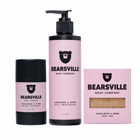 Sandalwood and Myrrh Daily Routine Bundle deodorant, moisturizer and natural soap.
