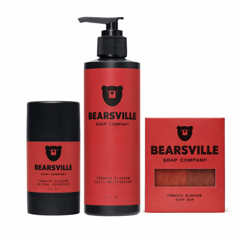 Tobacco Blossom Daily Routine Bundle deodorant, moisturizer and natural soap.