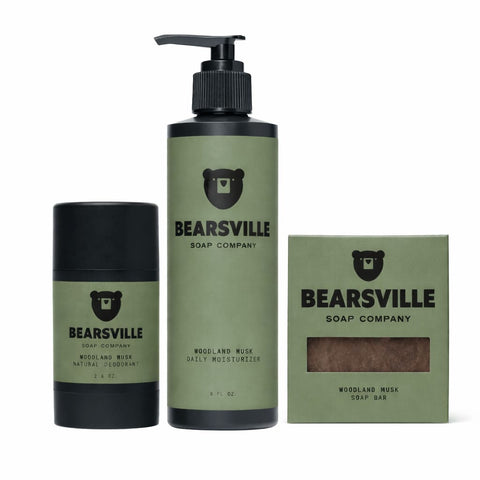 Woodland Musk Daily Routine Bundle deodorant, moisturizer and natural soap.