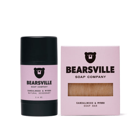 The Everyday Clean Sandalwood and Myrrh natural bar soap and deodorant set by Bearsville Soap Company
