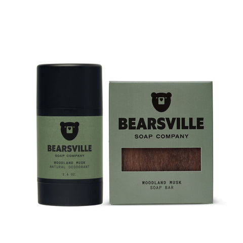 The Everyday Clean Woodland Musk natural bar soap and deodorant set by Bearsville Soap Company