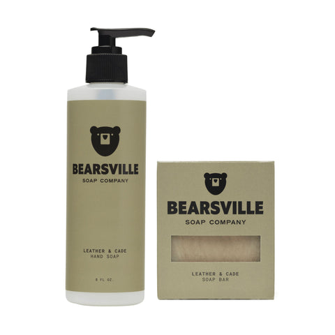 Leather and Cade Hand Wash Pair with organic liquid hand soap and natural bar soap by Bearsville Soap Company