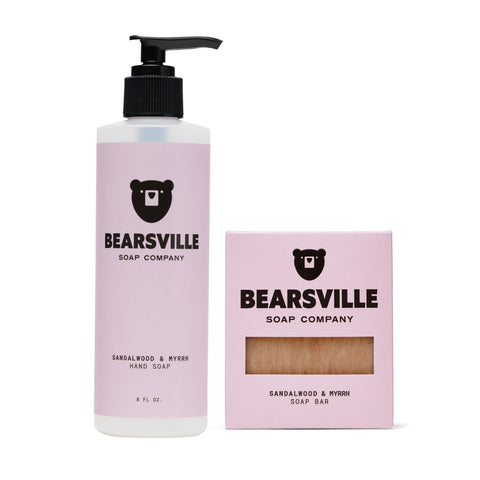 Sandalwood and Myrrh Hand Wash Pair with organic liquid hand soap and natural bar soap by Bearsville Soap Company