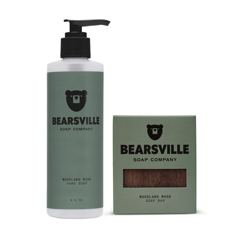 Woodland Musk Hand Wash Pair with organic liquid hand soap and natural bar soap by Bearsville Soap Company