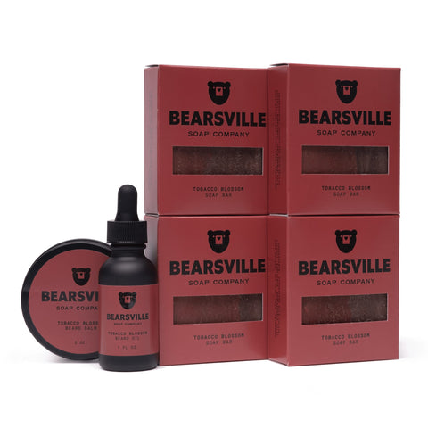 Tobacco Blossom Beard Care Scent Bundle with natural bar soap, beard oil, and balm by Bearsville Soap Company