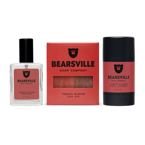 Tobacco Blossom Fragrance Routine with natural bar soap, deodorant, and cologne by Bearsville Soap Company