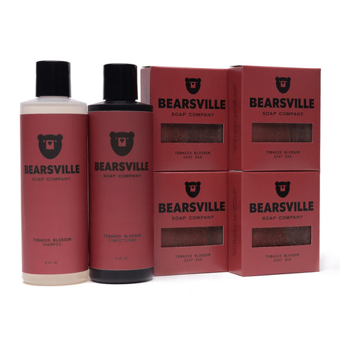 Tobacco Blossom Hair Care Scent Bundle with shampoo, conditioner, and natural bar soap by Bearsville Soap Company