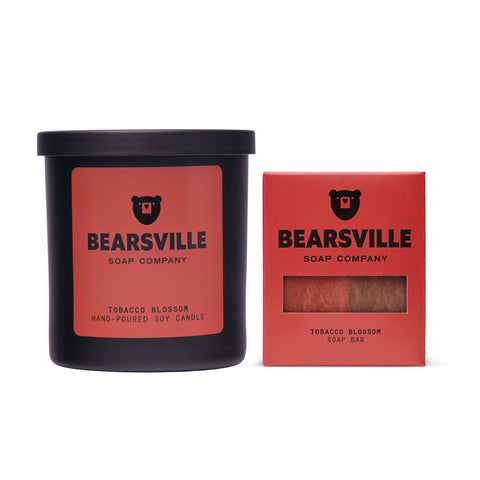 Tobacco Blossom soy candle and natural soap bar set by Bearsville Soap Company