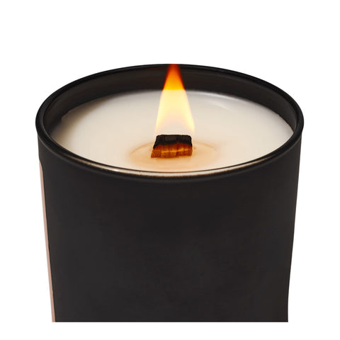 Winter Cabin soy candle with lit wood wick by Bearsville Soap Company
