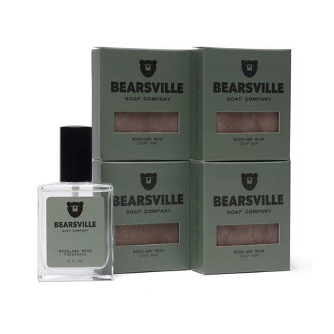 Woodland Musk Fragrance Scent Bundle with men's cologne and natural bar soap by Bearsville Soap Company
