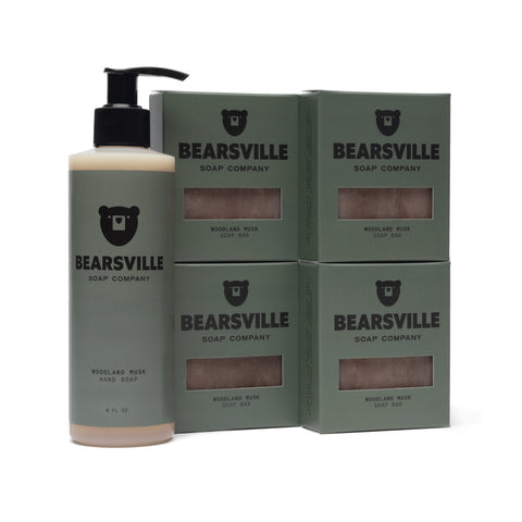 Woodland Musk Liquid Hand Soap Scent Bundle with organic hand soap and natural bar soap by Bearsville Soap Company